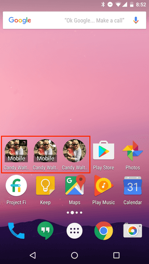Android home screen with call shortcuts